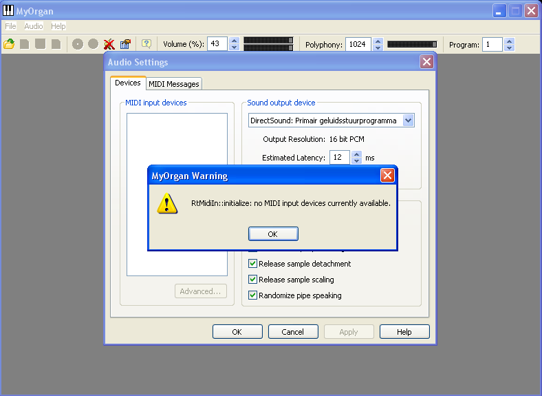 Myorgan No midi input devices